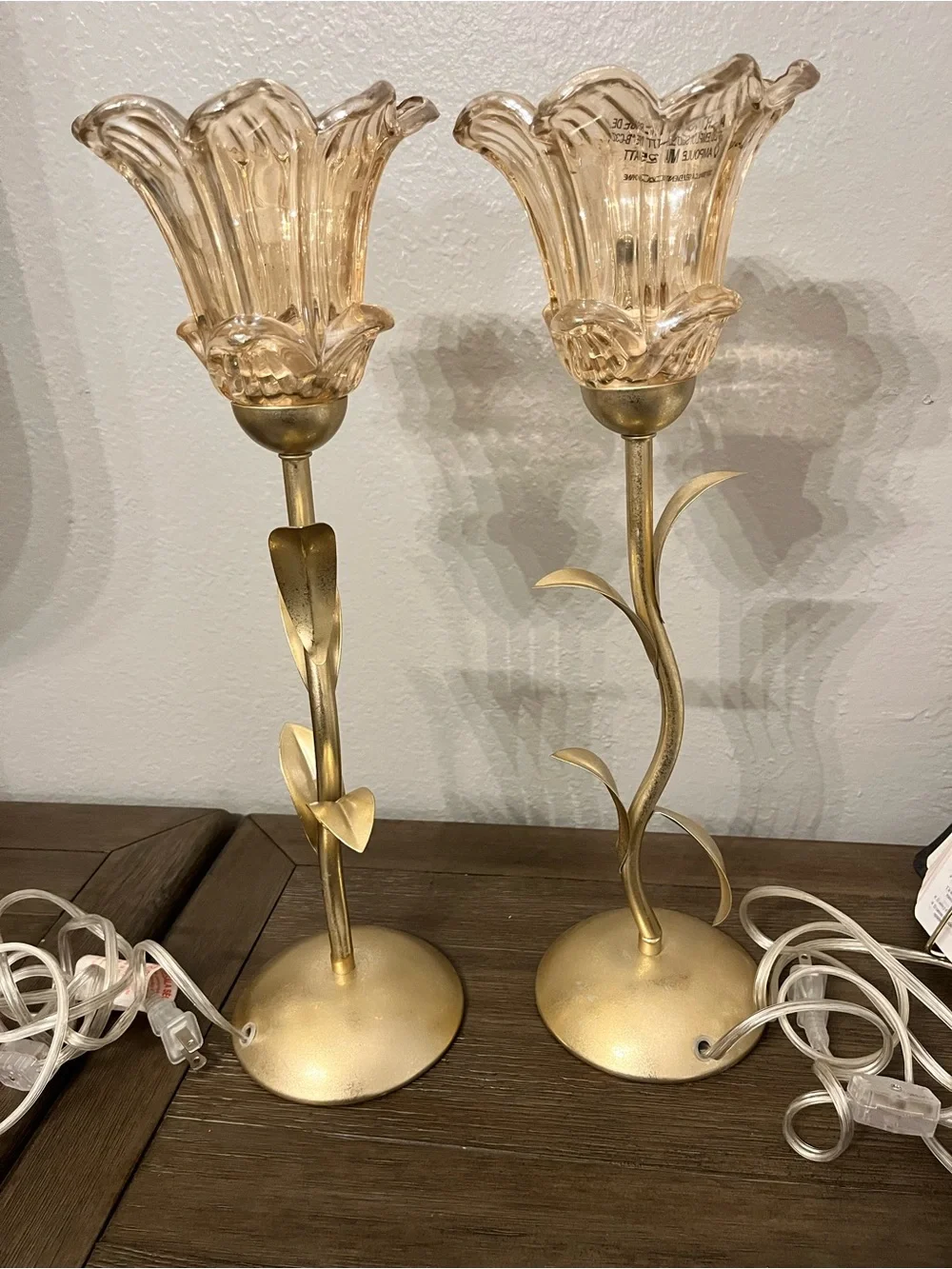 Gold Floral Glass Tulip Table Lamps - Pair